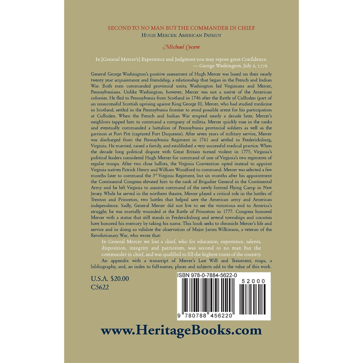 Second to No Man but the Commander in Chief: Hugh Mercer, American Patriot back cover