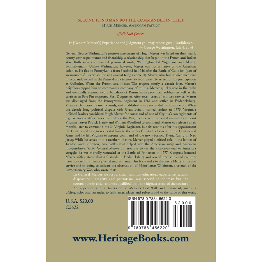Second to No Man but the Commander in Chief: Hugh Mercer, American Patriot back cover