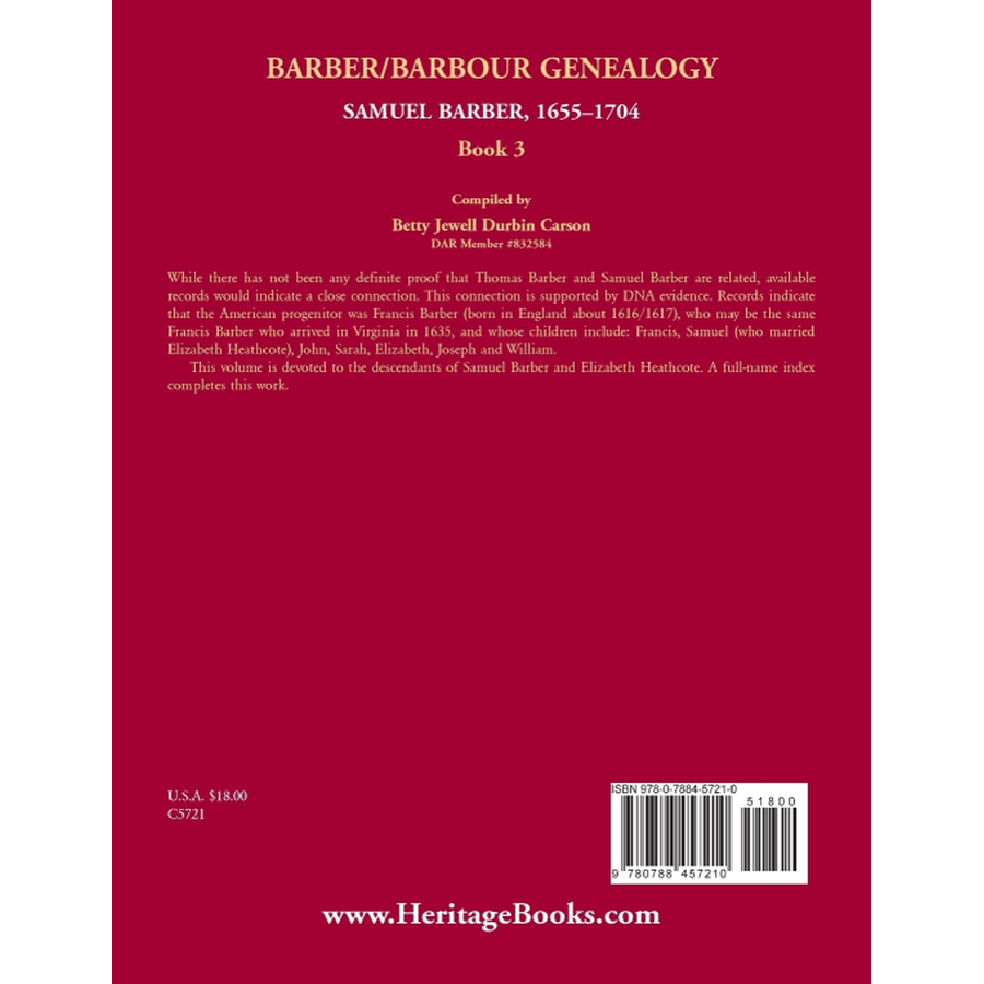 Barber/Barbour Genealogy: Samuel Barber, the Immigrant 1655-1704 back cover
