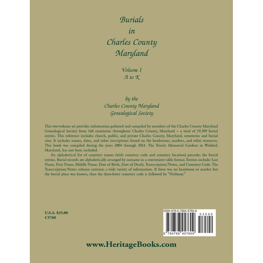 Burials in Charles County, Maryland, Part I, A-K back cover