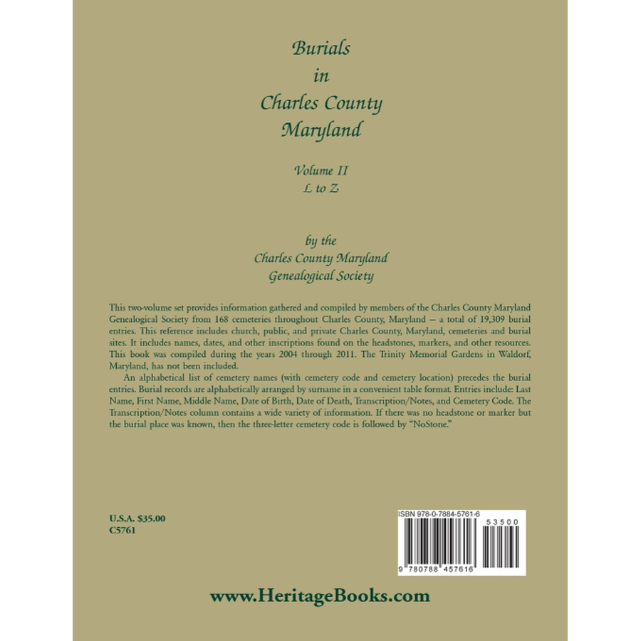 Burials in Charles County, Maryland, Part II, L-Z back cover
