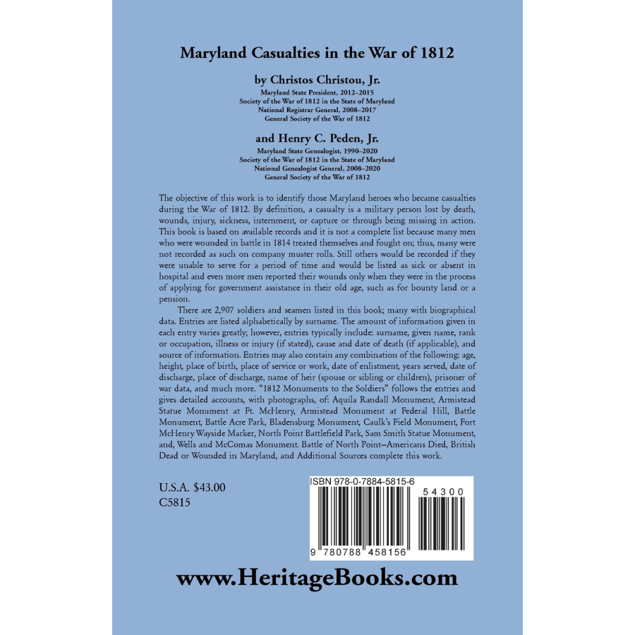 Maryland Casualties in the War of 1812 back cover