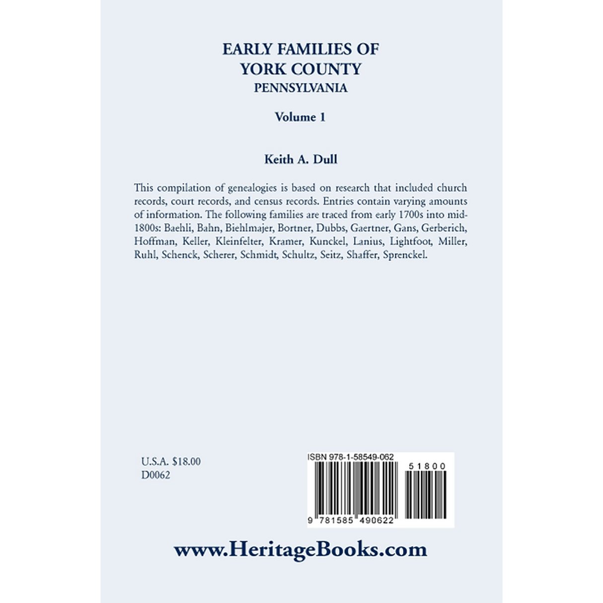 Early Families of York County, Pennsylvania, Volume 1 back cover