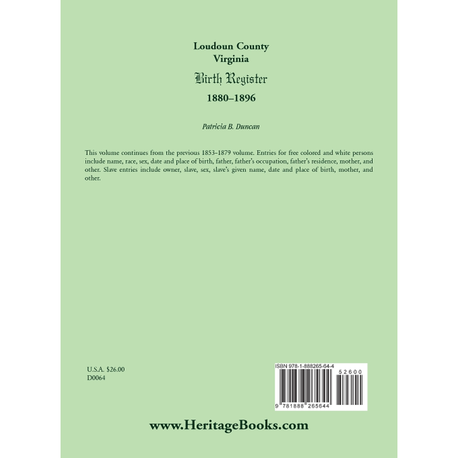 Loudoun County, Virginia Birth Register 1880-1896 back cover