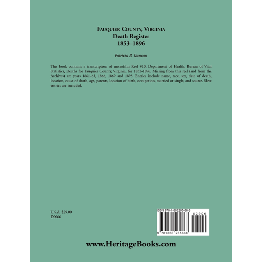 Fauquier County, Virginia Death Register 1853-1896 back cover