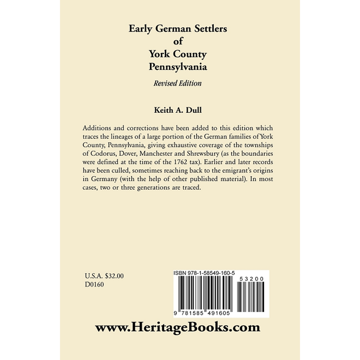 Early German Settlers of York County, Pennsylvania, Revised Edition back cover