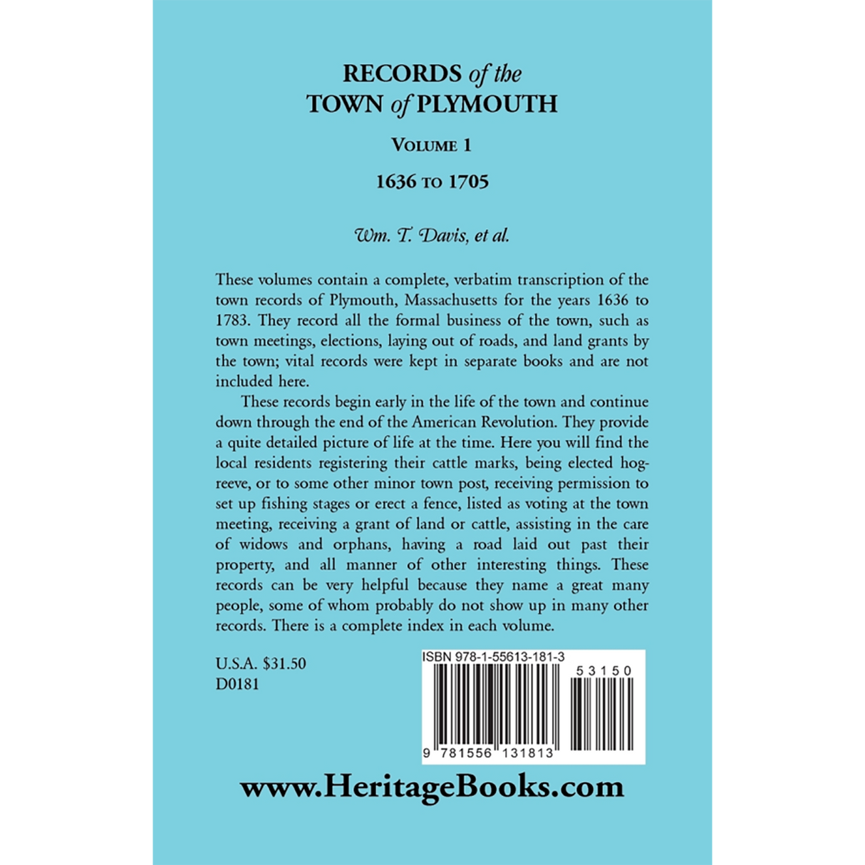 Records of the Town of Plymouth, Volume 1, 1636-1705 back cover