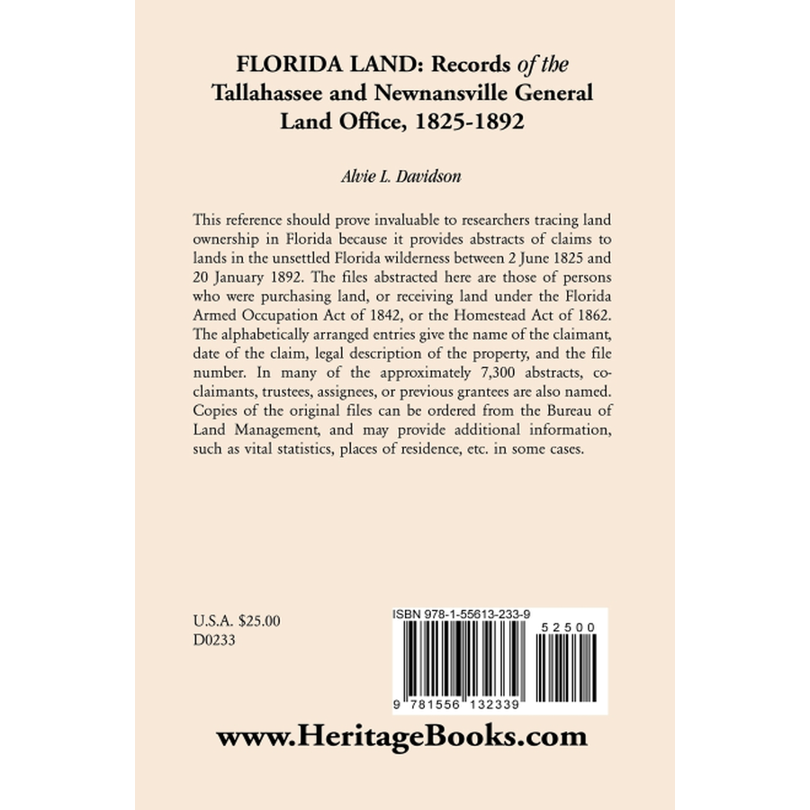 Florida Land: Records of the Tallahassee and Newnansville General Land Office, 1825-1892 back cover