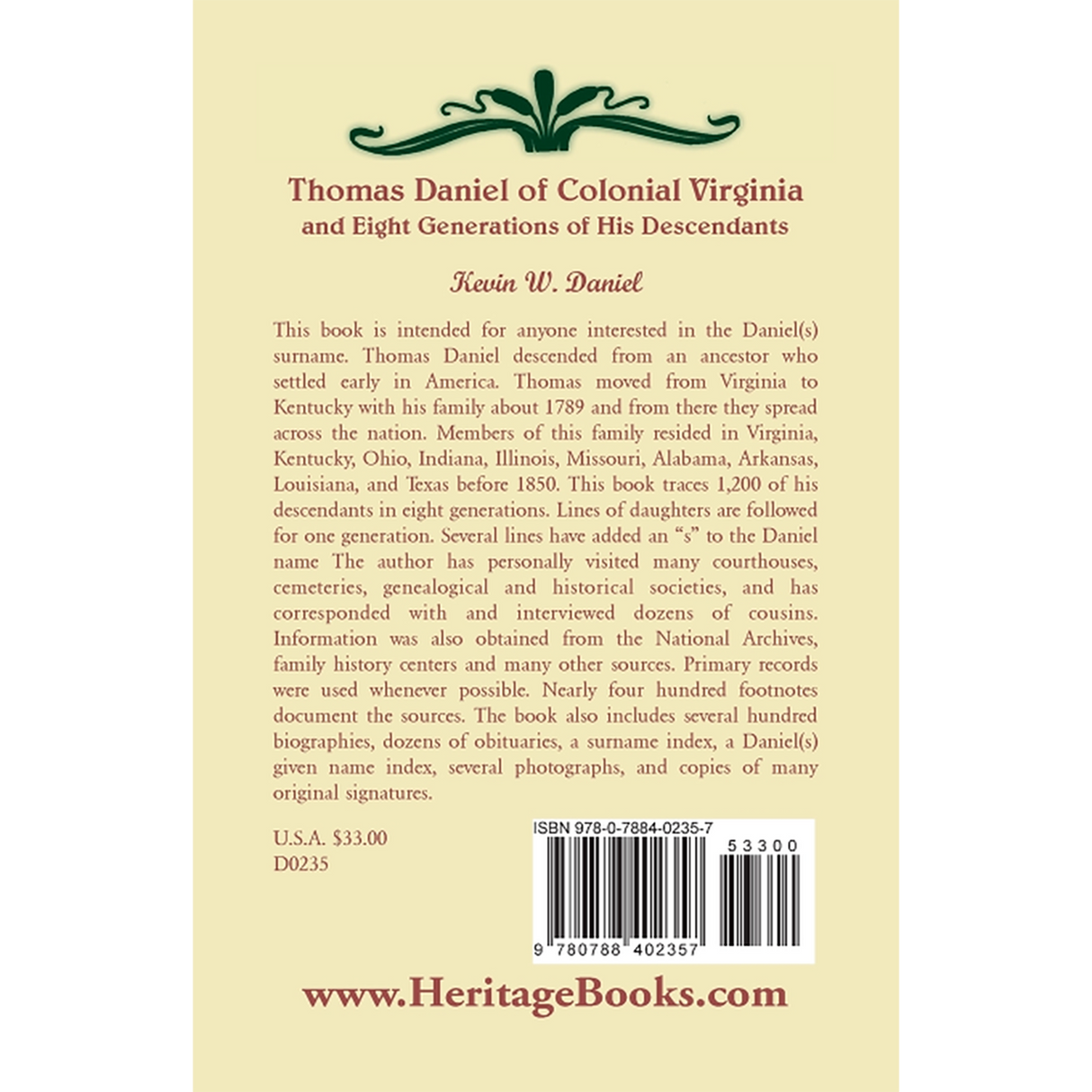 Thomas Daniel of Colonial Virginia and Eight Generations of His Descendants back cover