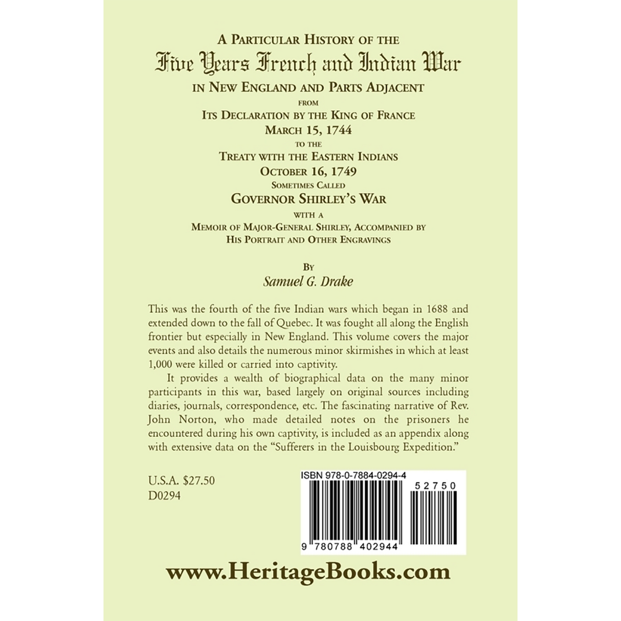 A Particular History of the Five Years French and Indian War back cover