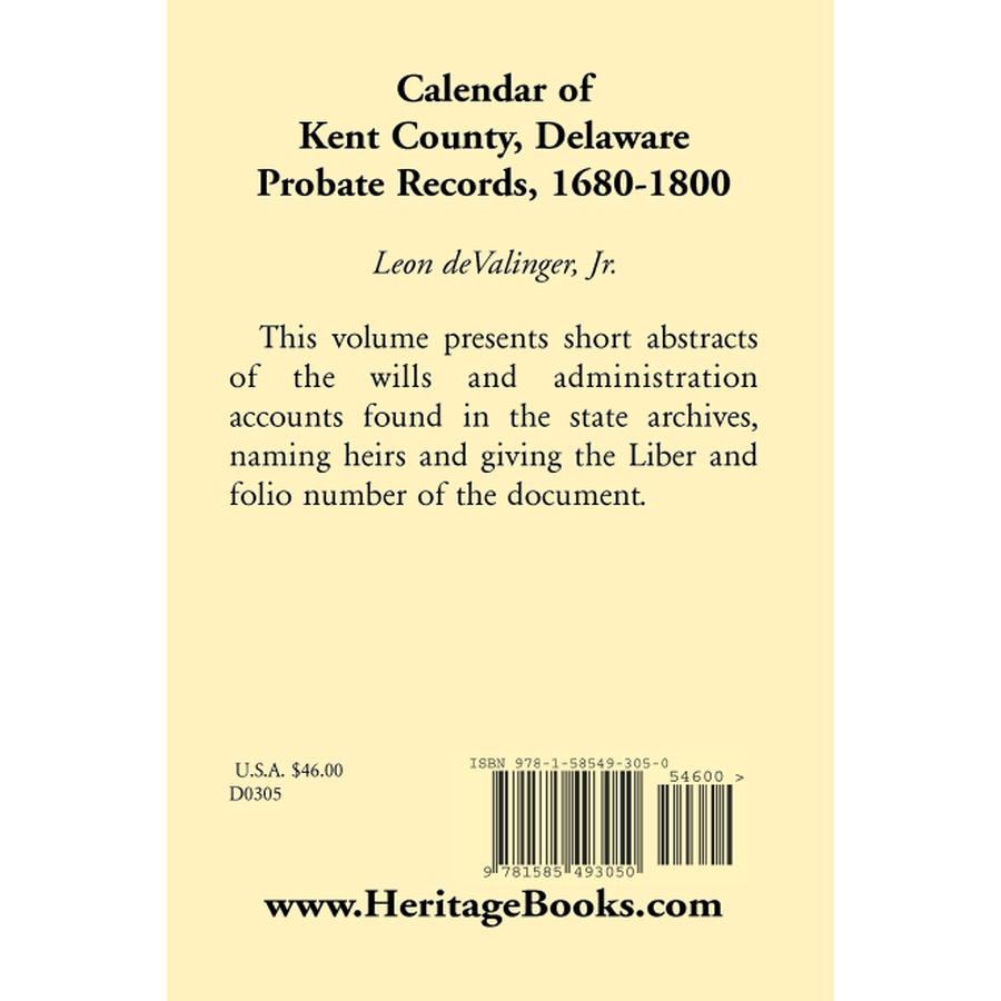Calendar of Kent County, Delaware Probate Records, 1680-1800 back cover