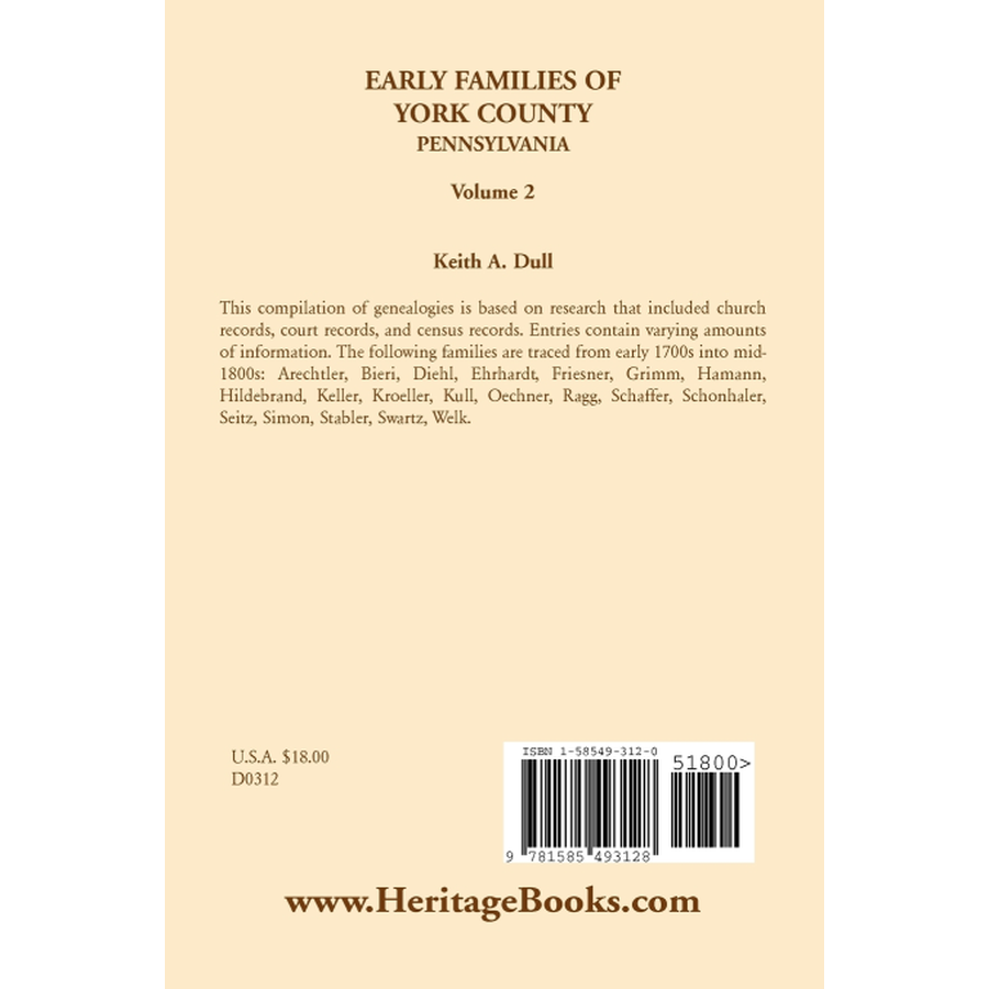Early Families of York County, Pennsylvania, Volume 2 back cover