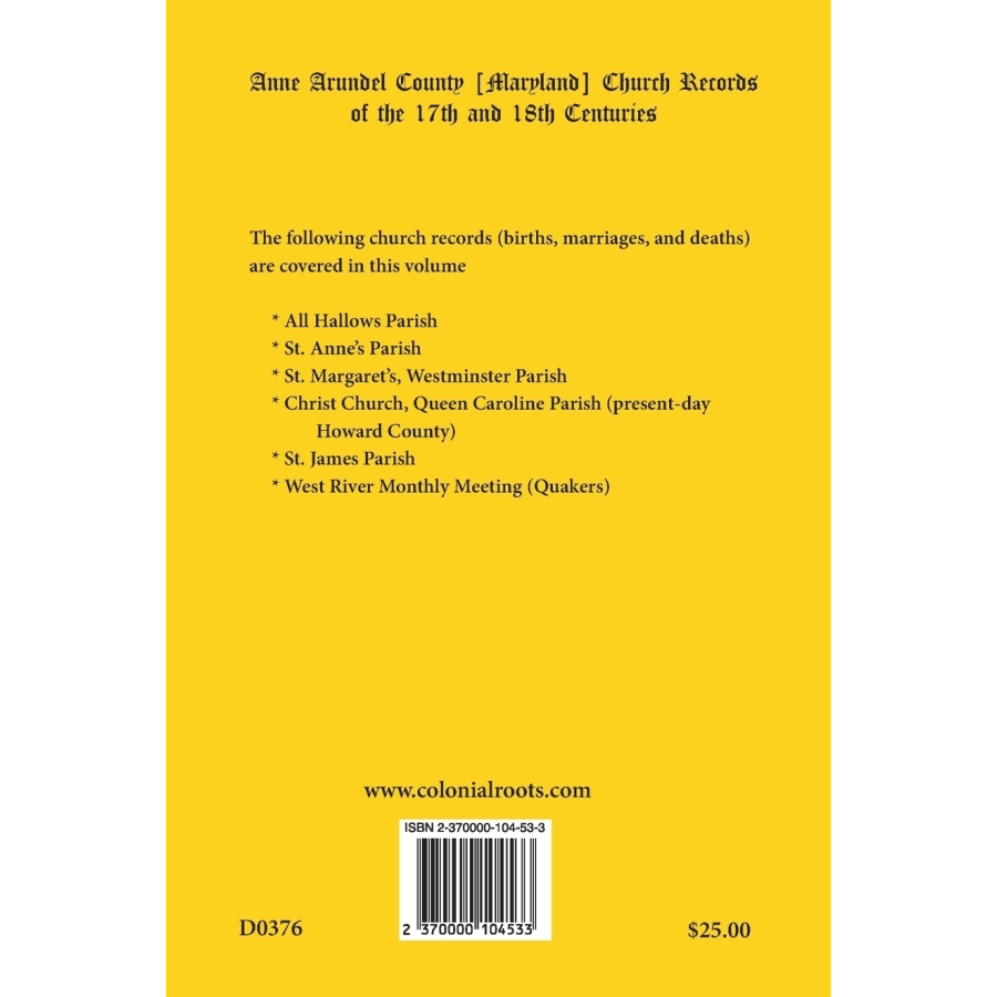 Anne Arundel County, Maryland Church Records of the 17th and 18th Centuries back cover