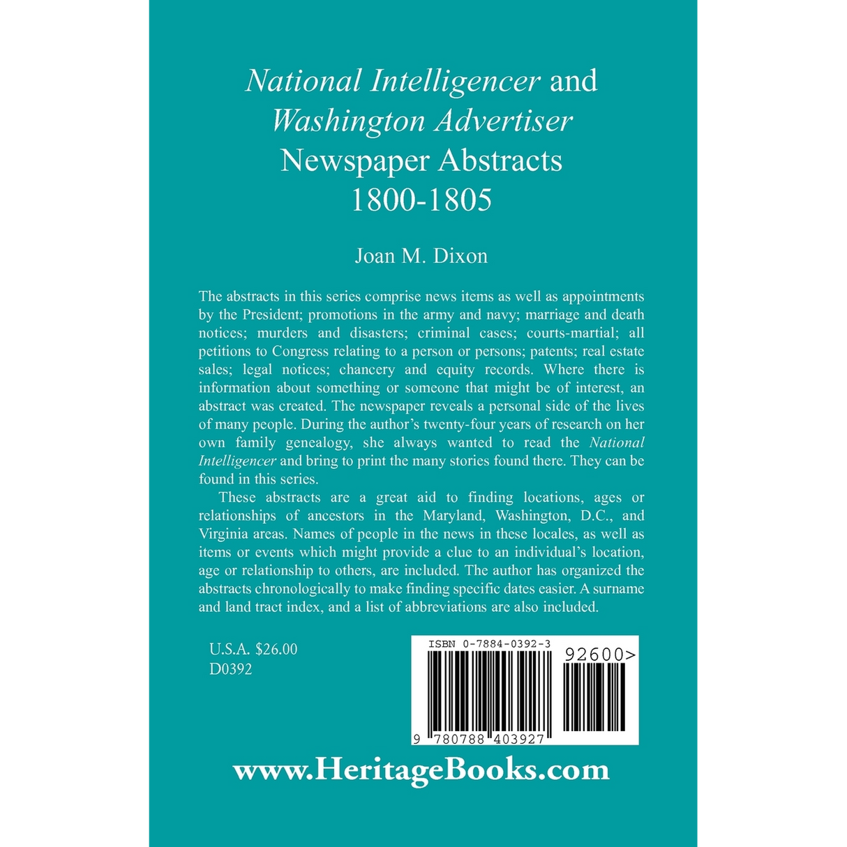 National Intelligencer and Washington Advertiser Newspaper Abstracts, 1800-1805 back cover