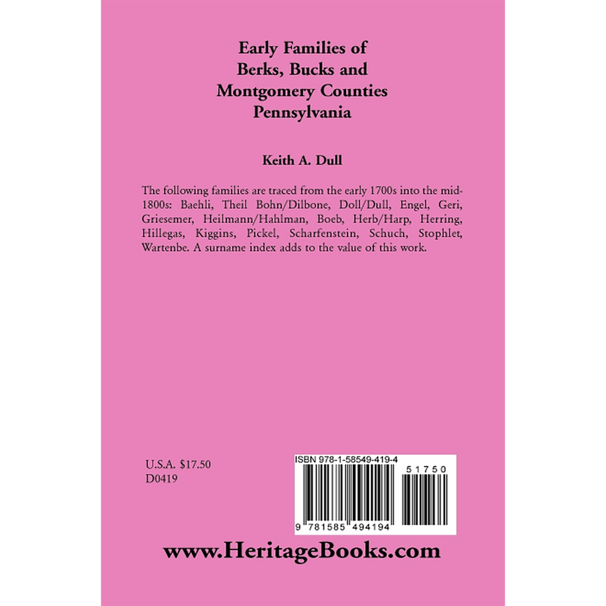 Early Families of Berks, Bucks and Montgomery Counties, Pennsylvania back cover