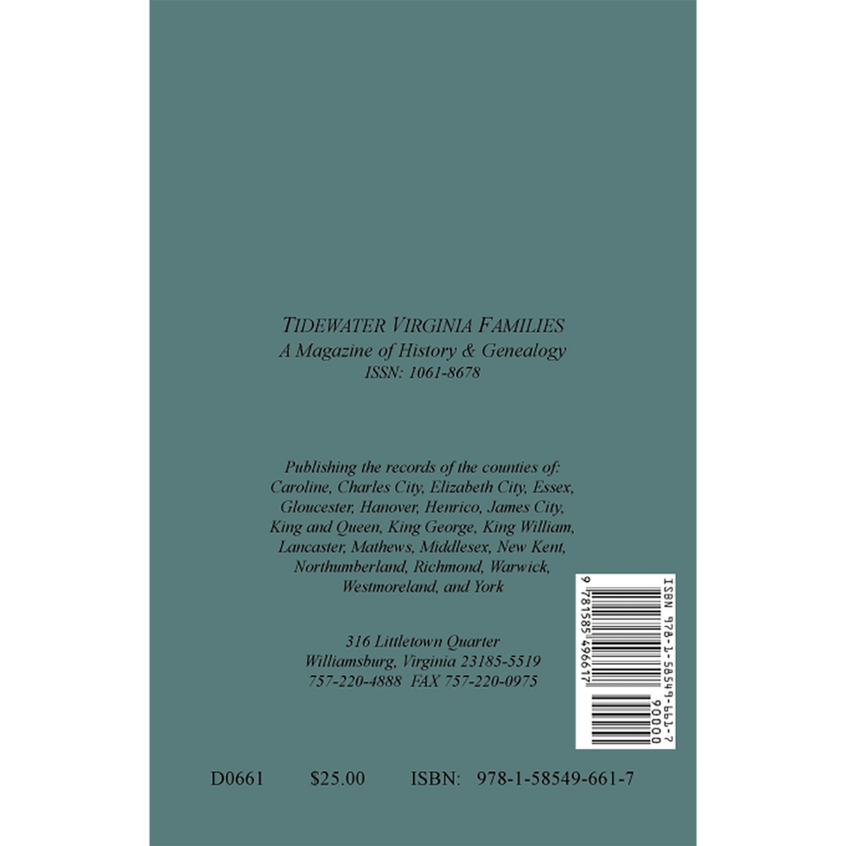 Tidewater Virginia Families: A Magazine of History and Genealogy, Volume 1, May 1992-Feb 1993 back cover