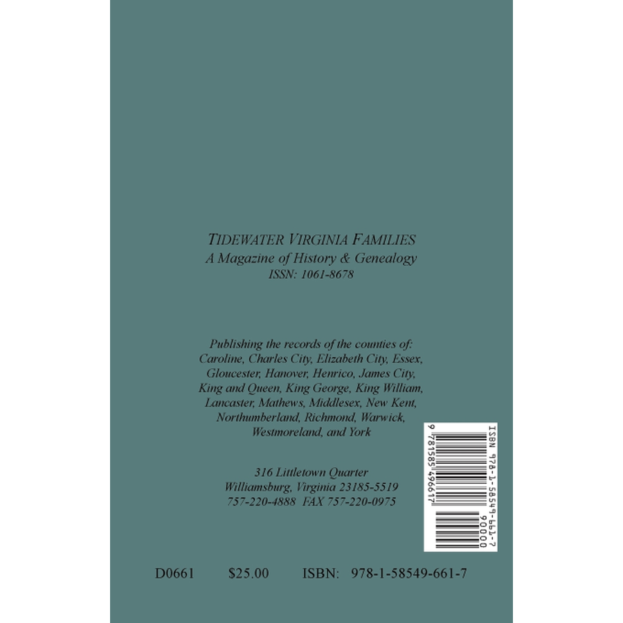 Tidewater Virginia Families: A Magazine of History and Genealogy, Volume 1, May 1992-Feb 1993 back cover