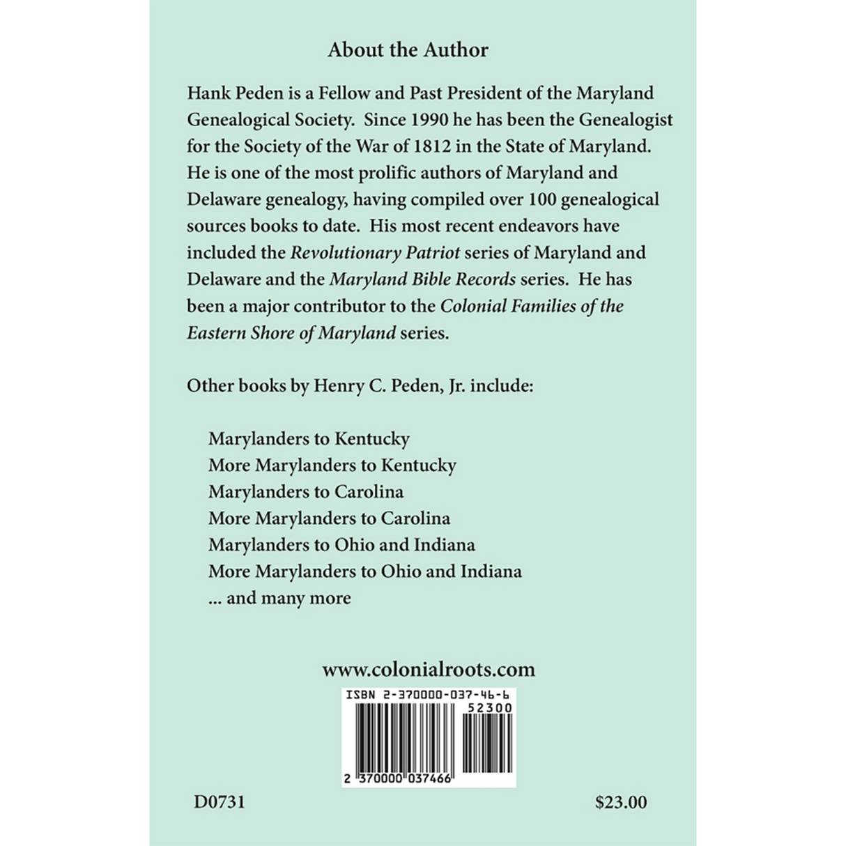 Marylanders to Tennessee, 1775-1835 back cover