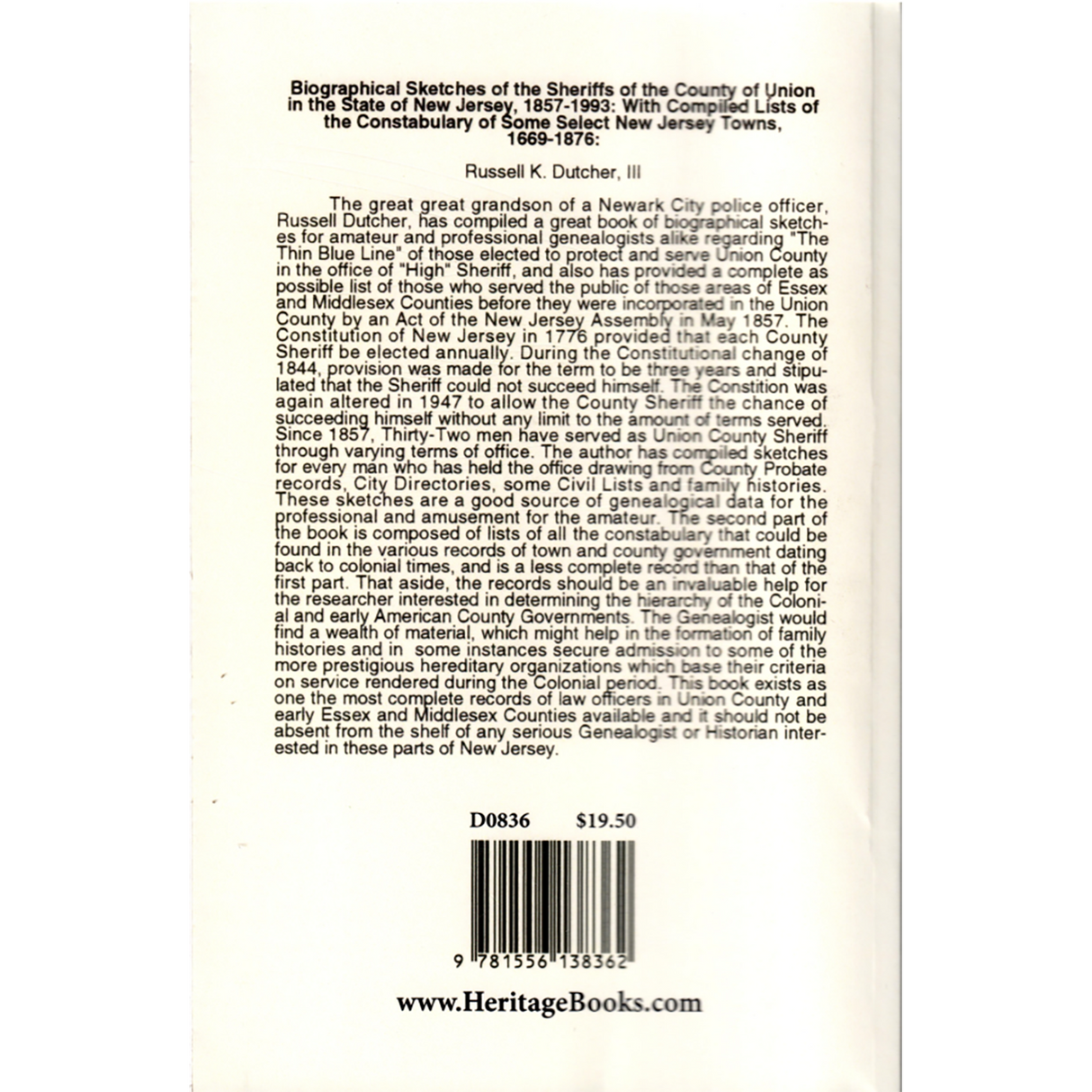 Biographical Sketches of the Sheriffs of the County of Union in the State of New Jersey, 1857-1993 back cover