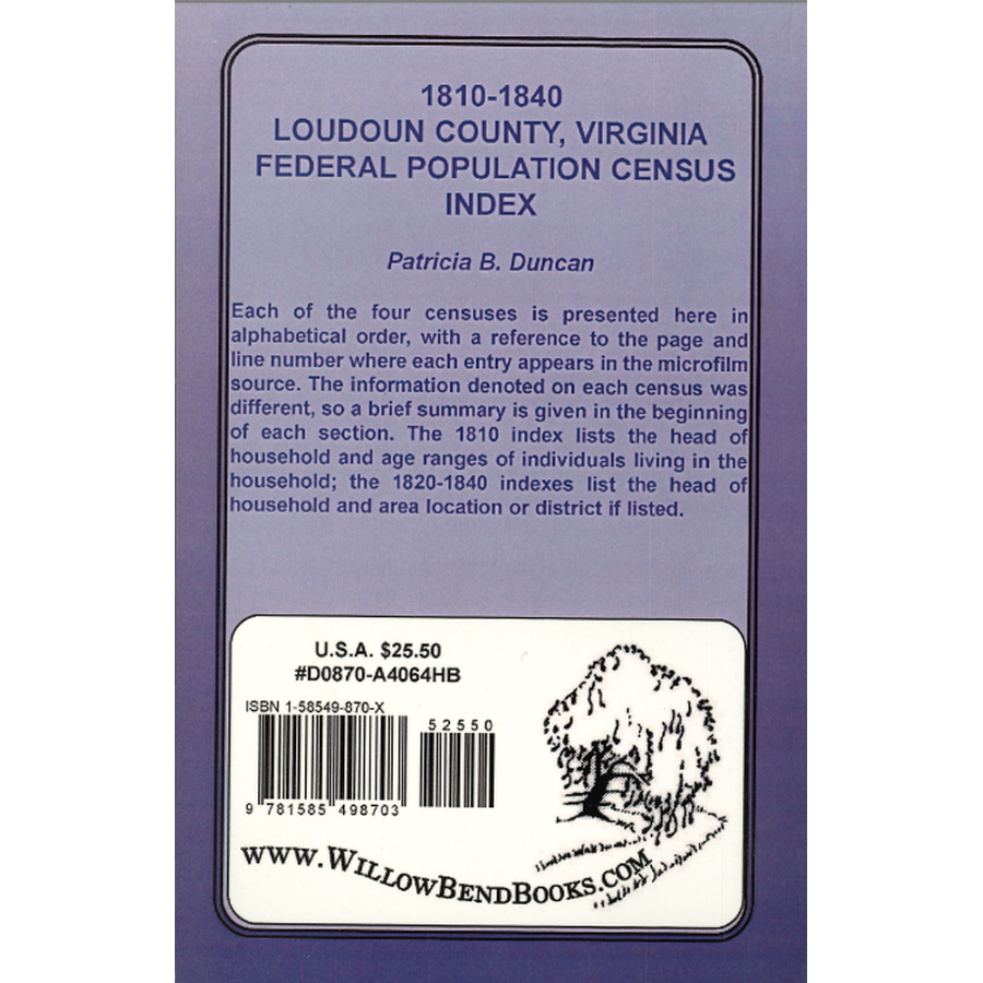 1810-1840 Loudoun County, Virginia Federal Population Census Index back cover