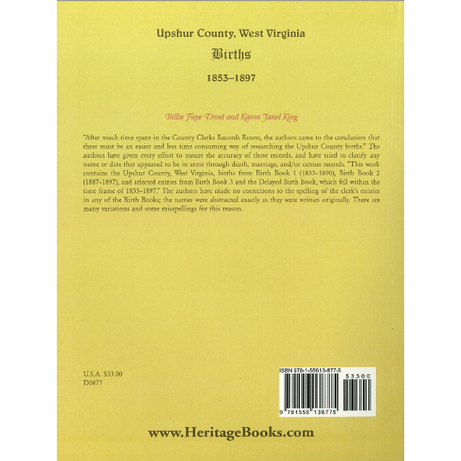 Upshur County, West Virginia Births, 1853-1897 back cover
