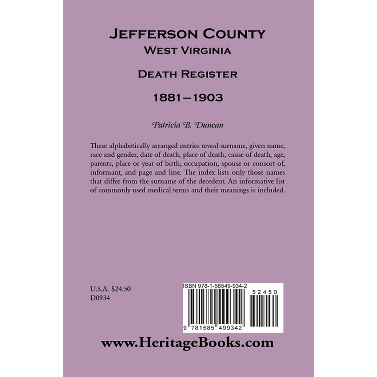 Jefferson County, West Virginia, Death Records, 1881-1903 back cover