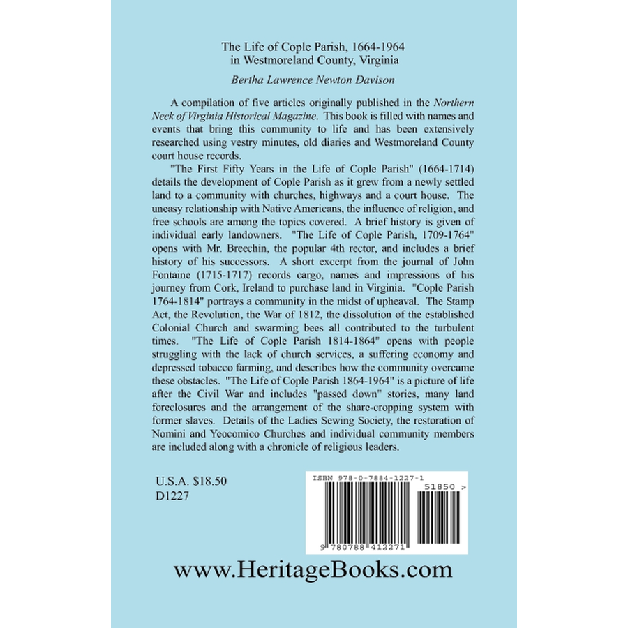 The Life of Cople Parish, 1664-1964 in Westmoreland County, Virginia back cover