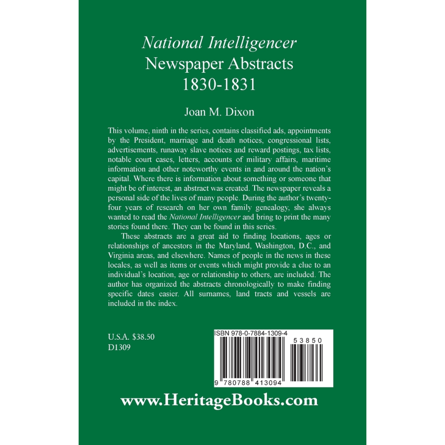 National Intelligencer Newspaper Abstracts, 1830-1831 back cover