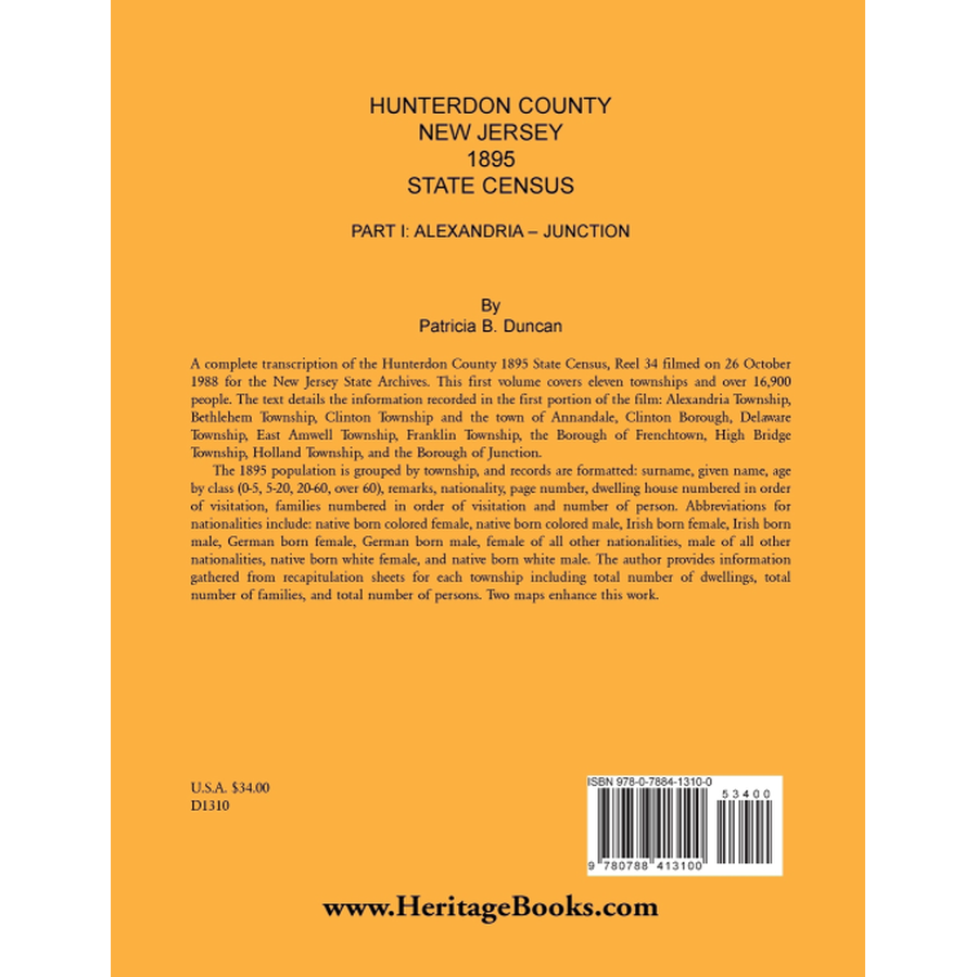 Hunterdon County, New Jersey, 1895 State Census, Part I: Alexandria-Junction back cover