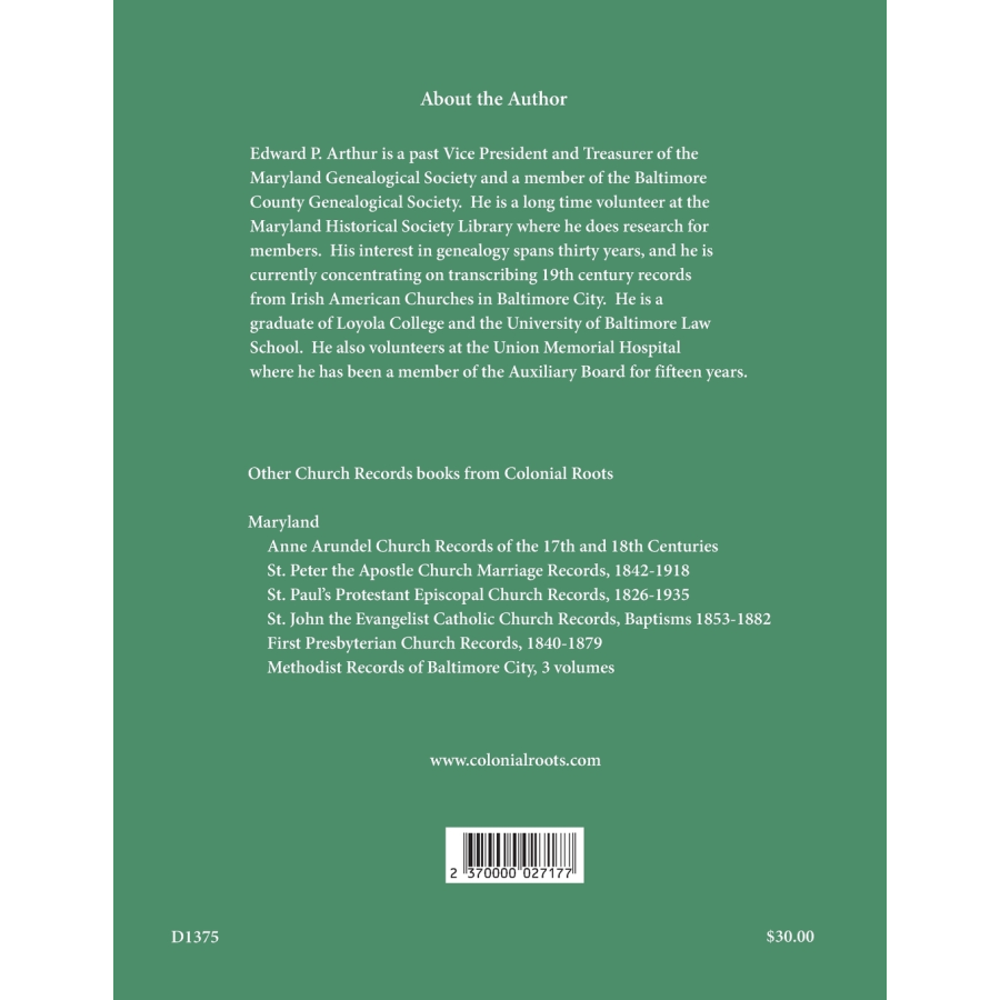 St. Patrick's Catholic Church, Baltimore, Maryland Baptisms, 1825-1871 back cover