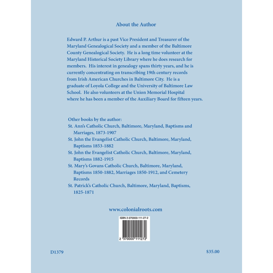 St. Vincent de Paul Catholic Church, Baltimore, Maryland Baptisms, 1834-1882 back cover