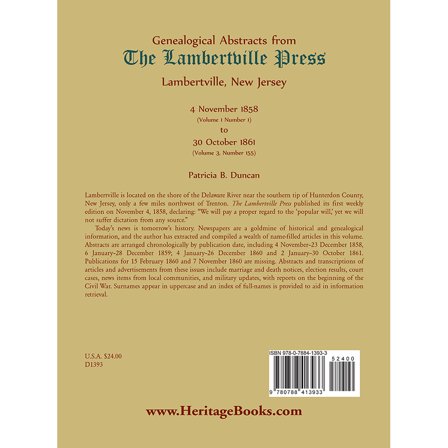 Genealogical Abstracts from the "Lambertville Press", Lambertville, New Jersey: 4 November 1858 to 30 October 1861 back cover