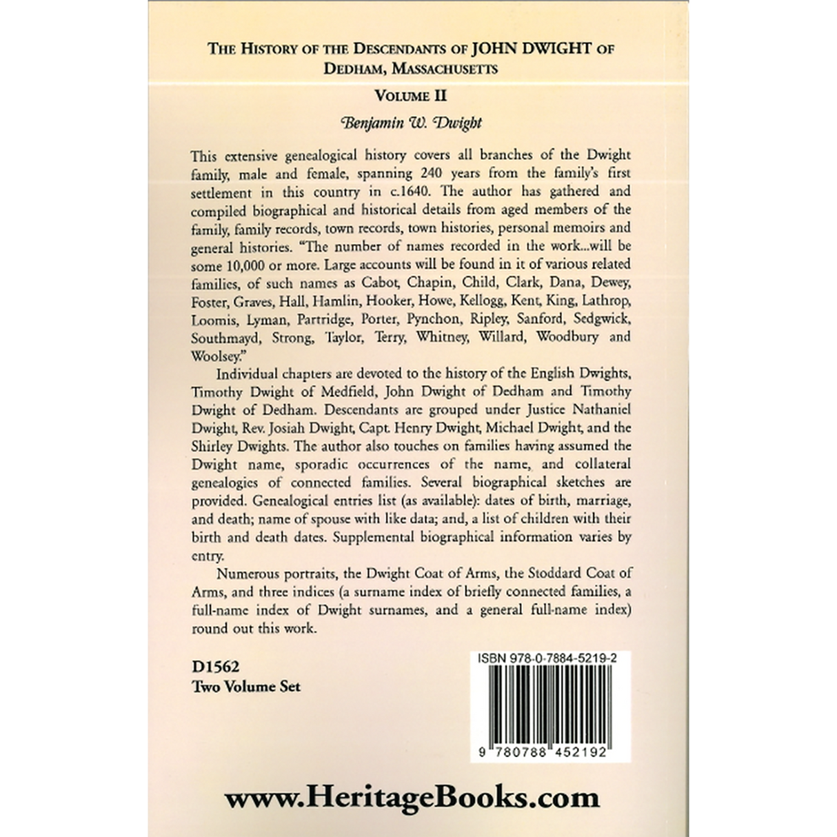 The History of the Descendants of John Dwight of Dedham, Massachusetts, Volume 2 back cover