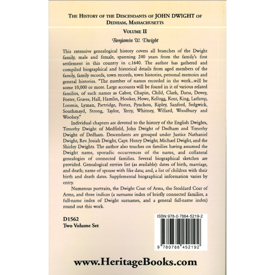 The History of the Descendants of John Dwight of Dedham, Massachusetts, Volume 2 back cover