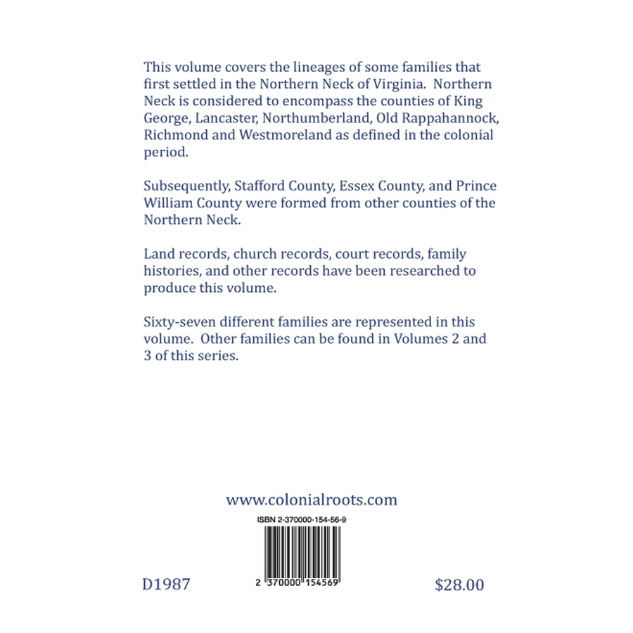 Colonial Families of the Northern Neck of Virginia, Volume 1 back cover