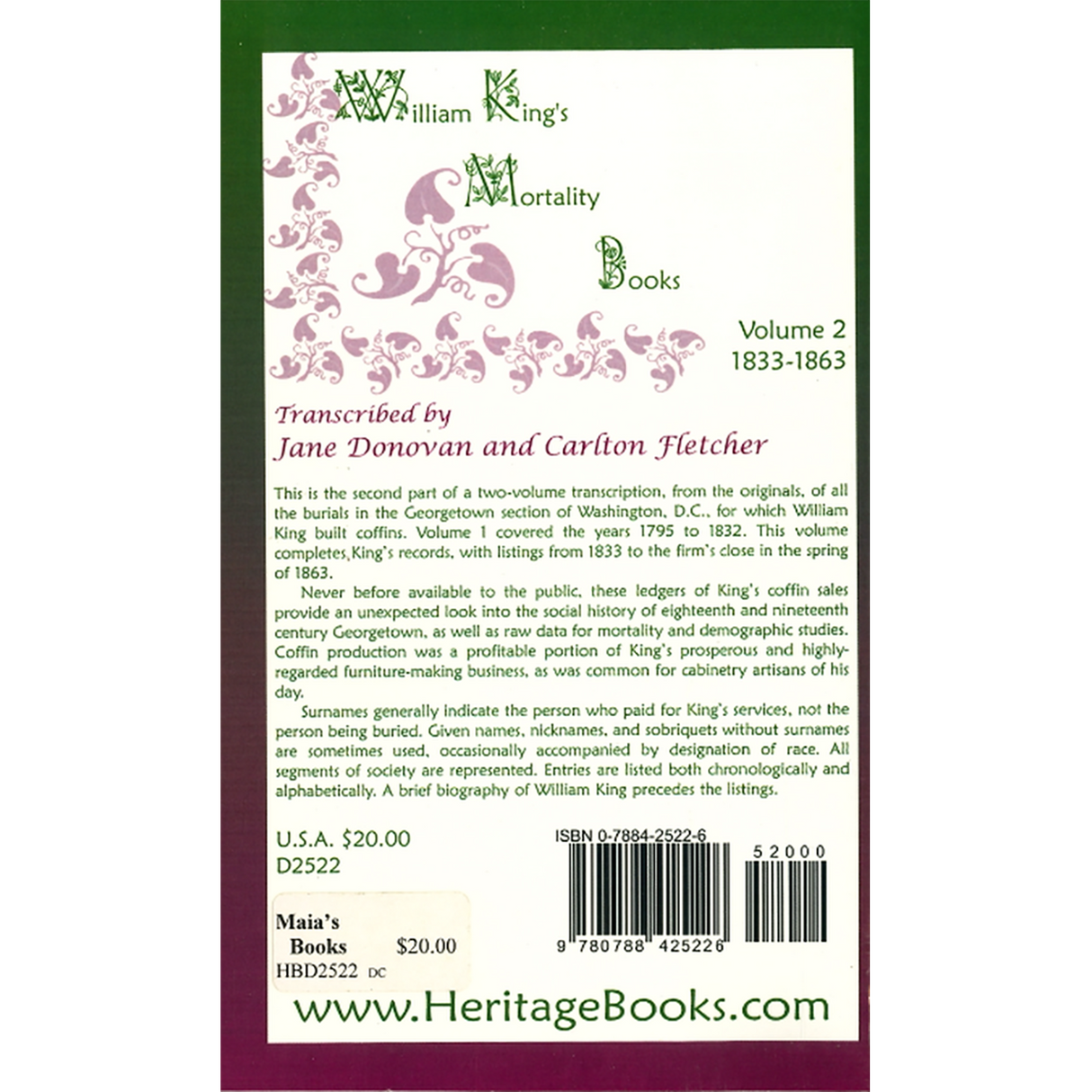 William King's Mortality Books, Volume 2, 1833-1863 back cover