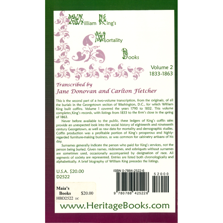 William King's Mortality Books, Volume 2, 1833-1863 back cover