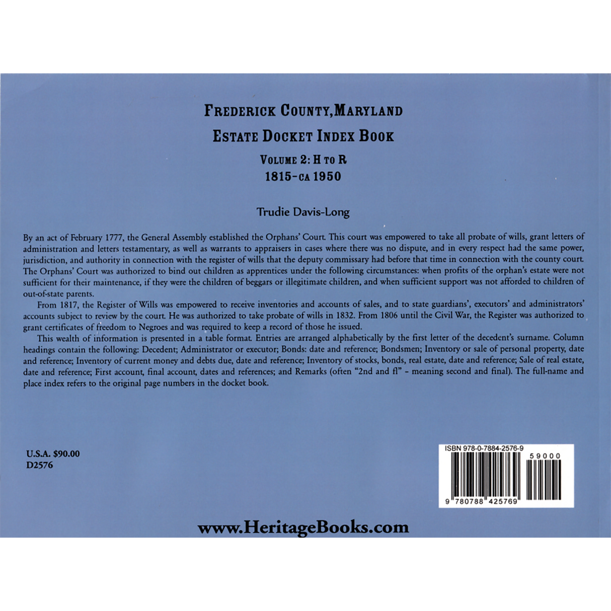 Frederick County, Maryland Estate Docket Index Book, Volume 2: H to R, 1815-ca 1950 back cover