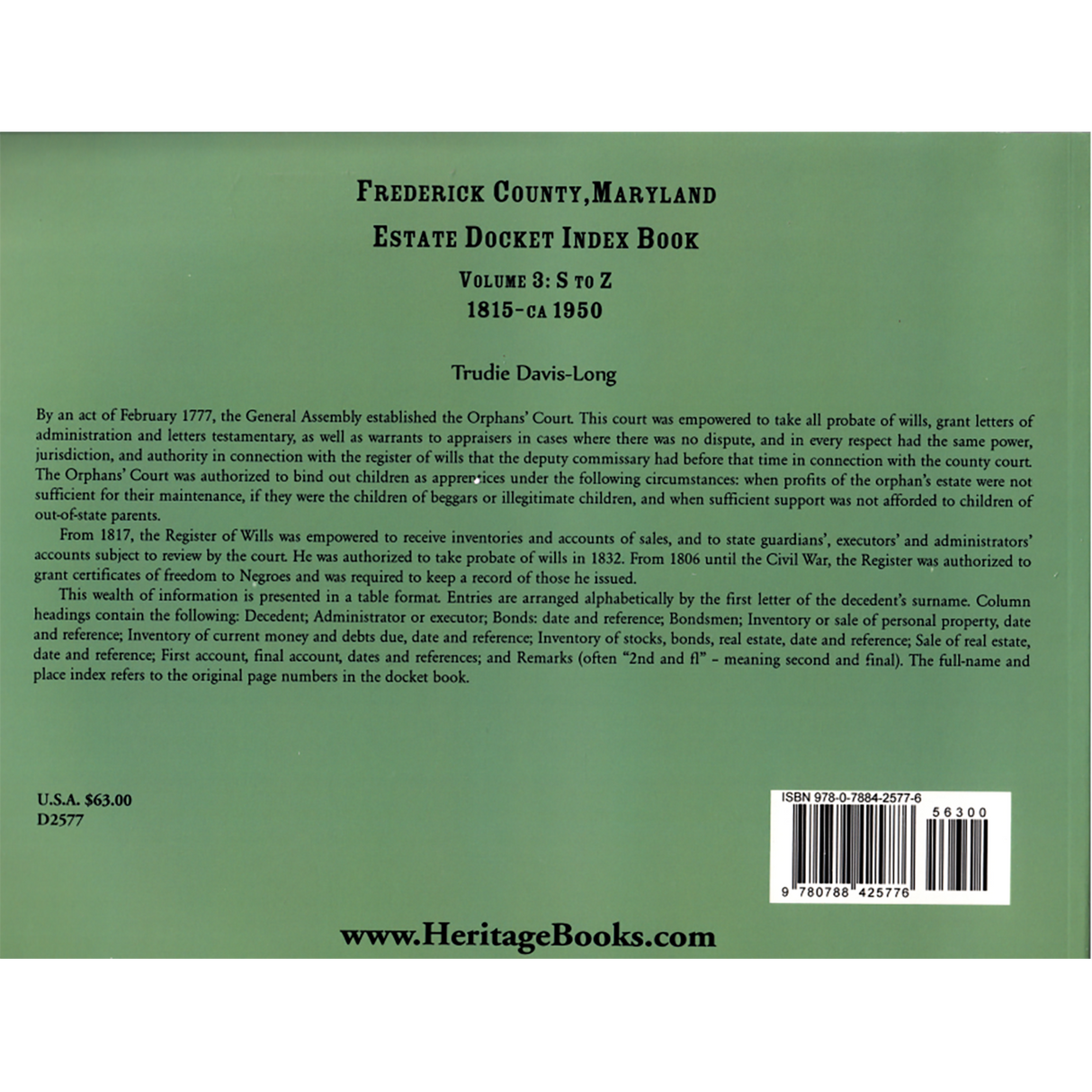 Frederick County, Maryland Estate Docket Index Book, Volume 3: S to Z, 1815-ca 1950 back cover