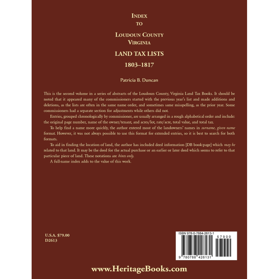 Index to Loudoun County, Virginia Land Tax Lists, 1803-1817 back cover