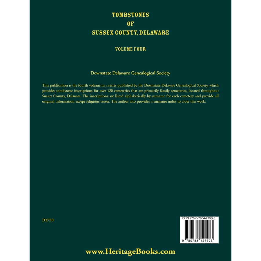 Tombstones of Sussex County, Delaware, Volume 4 back cover