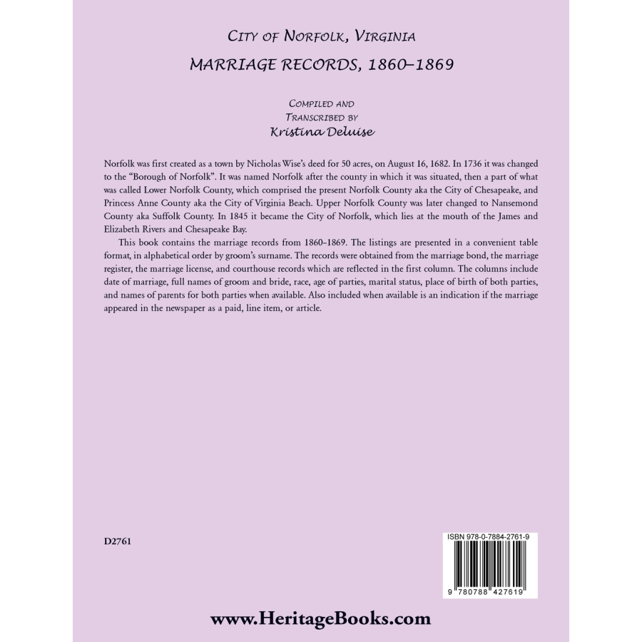 City of Norfolk, Virginia Marriage Records, 1860-1869 back cover