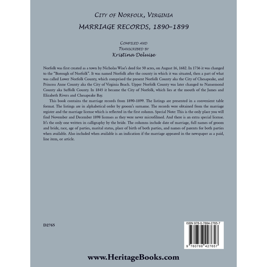City of Norfolk, Virginia Marriage Records, 1890-1899 back cover