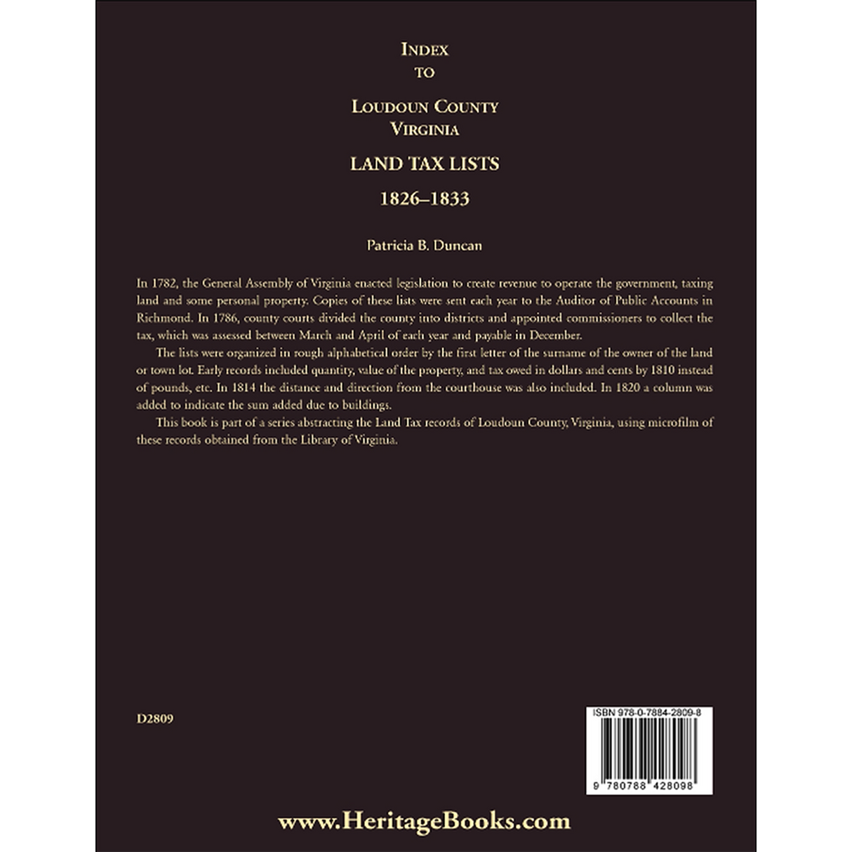 Index to Loudoun County, Virginia Land Tax Lists, 1826-1833 back cover
