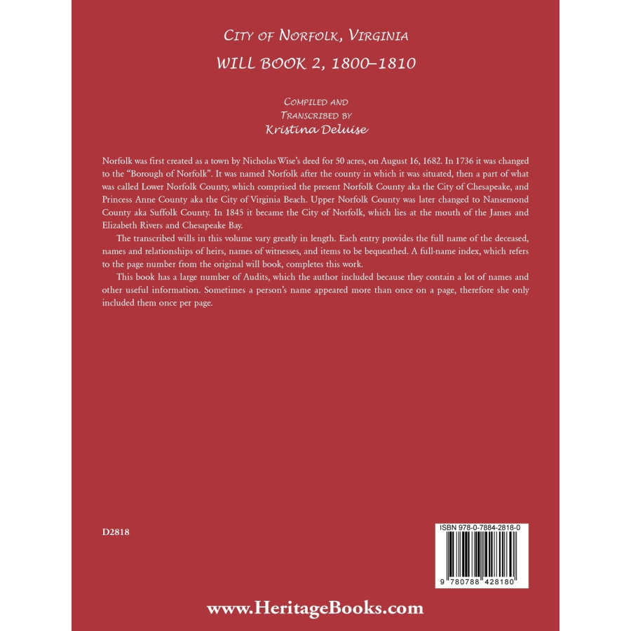 City of Norfolk, Virginia Will Book 2, 1800-1810 back cover