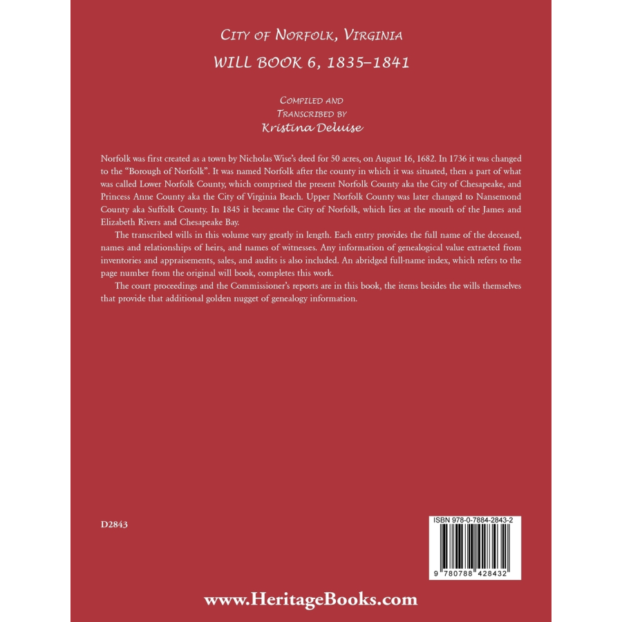City of Norfolk, Virginia Will Book 6, 1835-1841 back cover