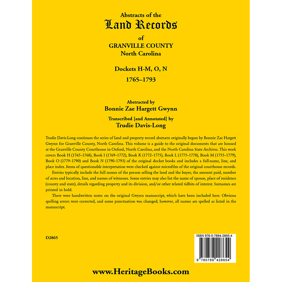 Abstracts of the Land Records of Granville County, North Carolina Dockets H-M, O, N, 1765-1793 back cover