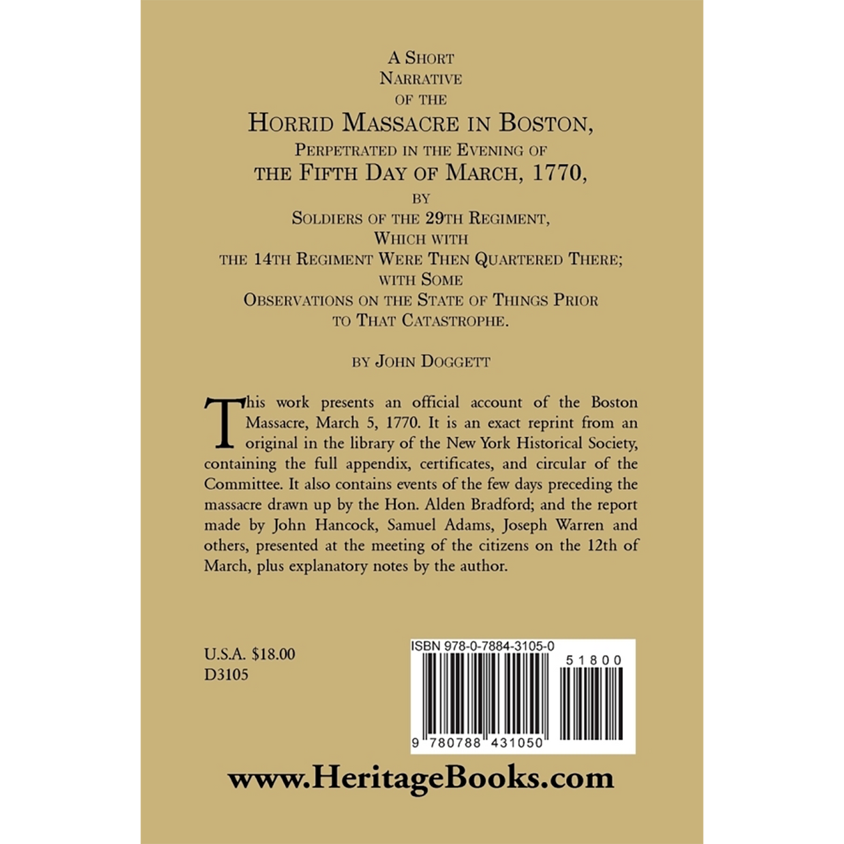 A Short Narrative of the Horrid Massacre in Boston, Perpetrated in the Evening of the Fifth Day of March, 1770 back cover