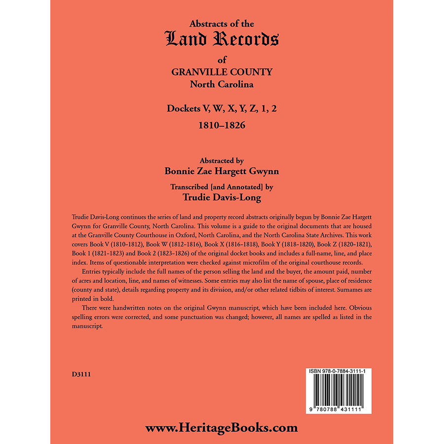 Abstracts of the Land Records of Granville County, North Carolina: Dockets V, W, X, Y, Z, 1, 2, 1810–1826 back cover