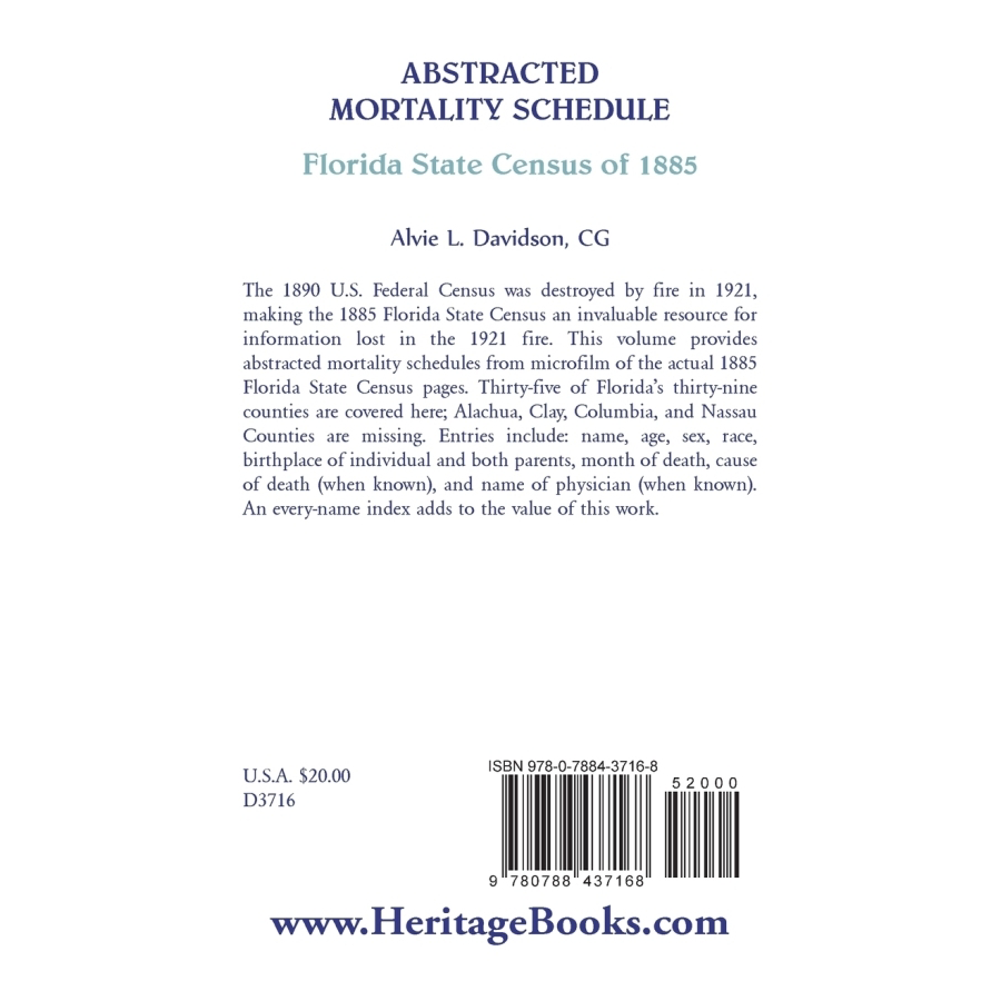 Abstracted Mortality Schedule Florida State Census of 1885 back cover